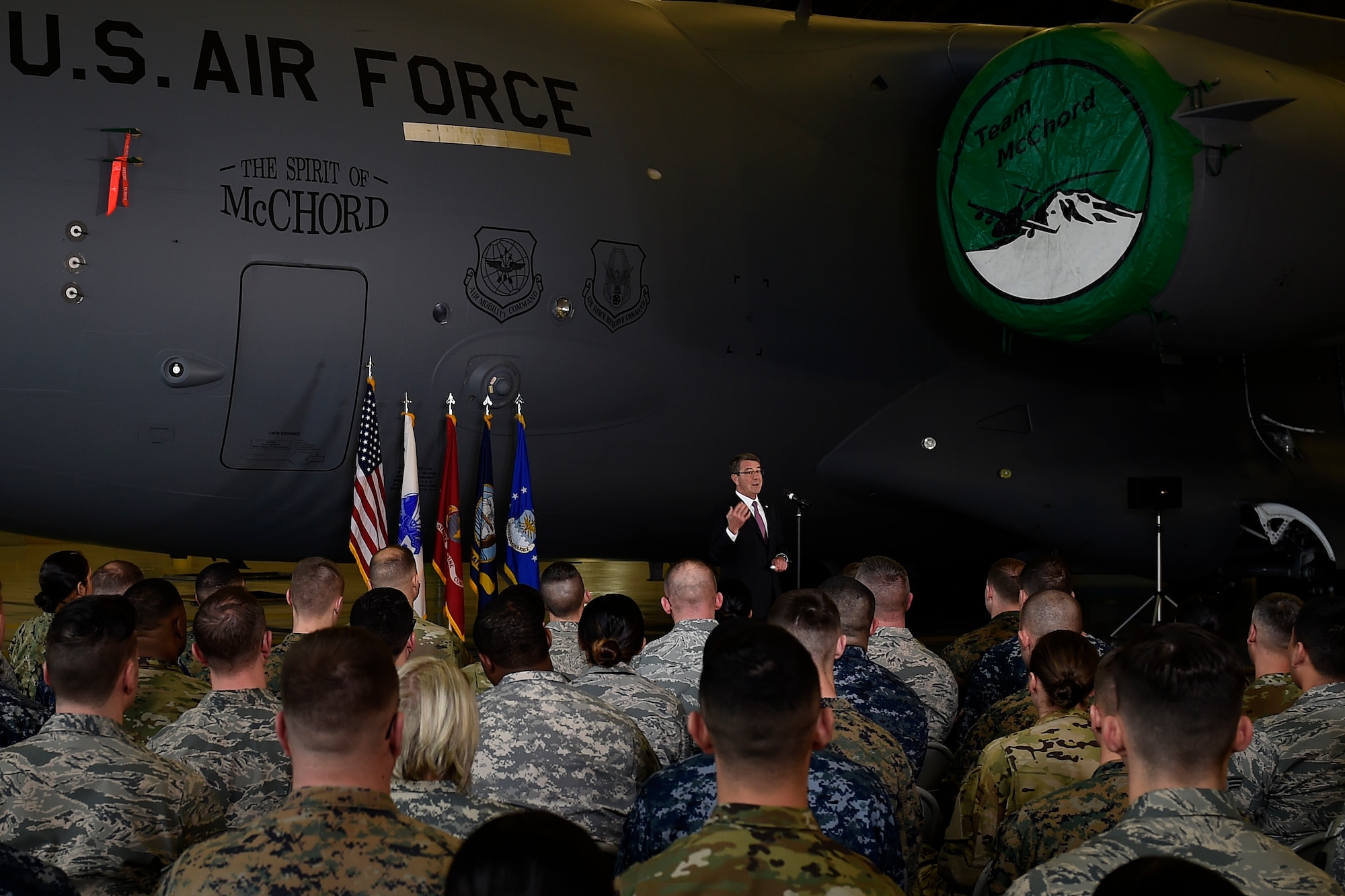 Defense Secretary Ash Carter talks with Airmen, Soldiers, Sailors and Marines at Joint Base Lewis-McChord, Wash., March 4, 2016. Part of his stop at JBLM included an All-Call with more than 150 service members.  (U.S. Air Force photo/Tech. Sgt. Tim Chacon) 