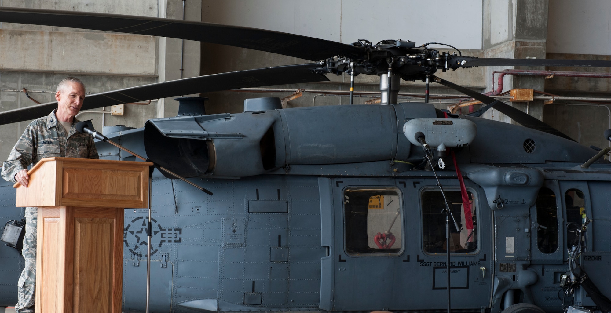 U.S. Air Force Col. Steven McCain, Pacific Air Forces command chaplain, speaks to audience members during an annual National Prayer Luncheon, March 2, 2016, at Kadena Air Base, Japan. McCain spoke about his own spirituality and how it has delivered him through difficult times in his life, encouraging audience members to follow suit. (U.S. Air Force photo by Airman 1st Class Lynette M. Rolen)