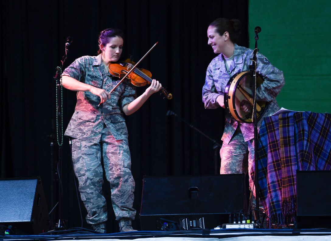 Members of the U.S. Air Force’s Celtic Aire, Master Sgt. Emily Wellington (left) and Tech. Sgt. Julia Cuevas, perform during the North Texas Irish Festival in Dallas, Texas, March 5, 2016. This year’s festival was themed “Legends and Legacy” to highlight some of the true legends of Irish music as well as emerging musicians. (U.S. Air Force photo/Senior Airman Ryan J. Sonnier/RELEASED)