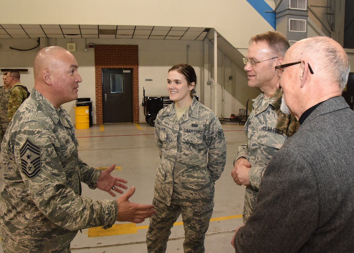 The National Guard’s senior enlisted adviser, Command Chief Master Sgt. Mitchell O. Brush, visits with service members and their families during his tour of the South Dakota Air National Guard at Joe Foss Field, March 5, 2016. Members of the 114th FW and their families were given the opportunity to share their concerns and issues with Brush who advises the Chief of the NGB on all enlisted matters affecting training, effective utilization, health of the force, and enlisted professional development. (U.S. Air National Guard photo by Staff Sgt. Luke Olson/Released)