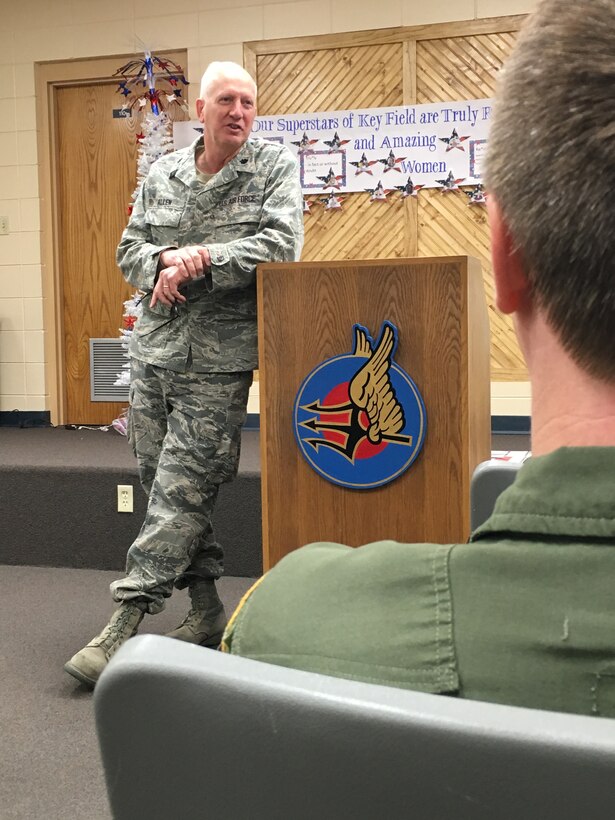 U. S. Air Force Lt. Col. David Allen, a chaplain with the 186th Air Refueling Wing, delivers his final message as an Air National Guard chaplain at Key Field March 6, 2016. Allen spoke about how military members can experience and share God’s love as he conducted his last worship service before retiring from the Mississippi Air National Guard. (U. S. Air National Guard Photo by Tech. Sgt. Richard L. Smith/Released)