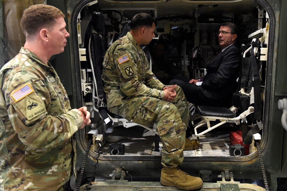 Defense Secretary Ash Carter talks with soldiers assigned to the 2nd Stryker Brigade at Joint Base Lewis-McChord, Wash., March 4, 2016. Air Force photo by Tech. Sgt. Tim Chacon