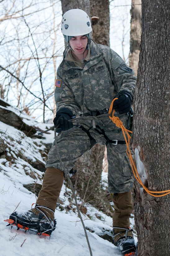 Army Pvt. Galletti secures a rope for ice climbing at Smuggler's Notch in Jeffersonville, Vt., March 5, 2016. Galletti is assigned to the Vermont National Guard’s Company A, 3rd Battalion, 172nd Infantry Regiment, 86th Infantry Brigade Combat Team, Mountain. Vermont Army National Guard photo by Spc. Avery Cunningham