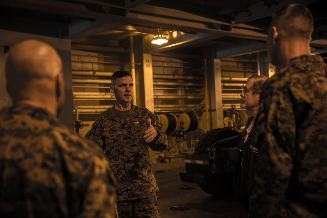 BrigGen John Jansen, the commanding general of the 3rd Marine Expeditionary Brigade speaks to a group of Marines aboard the United States Navy Ship, Private First Class Dewayne T. Williams, March 3, 2016, Gwangyang Port, Republic of Korea. during exercise Freedom Banner. The ship is a vital asset to the Marine Ground Task Force in transporting the Marines gear. (U.S. Marine Corps photo by Lance Cpl. Kelsey M. Dornfeld/ Released)