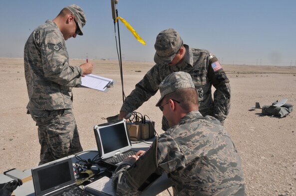 Senior Airman James McGaha (left), Airman 1st Class Chris Dial (middle) and Staff Sgt. Christopher Pfeiffer (right), 379th Expeditionary Security Force Squadron patrolmen, set up for a Raven B Digital Data Link drone flight Feb. 19, 2016, at Al Udeid Air Base, Qatar. Depending on the weather, the drone can fly between 60-90 minutes in duration. (U.S. Air Force photo/Tech. Sgt. Terrica Y. Jones)