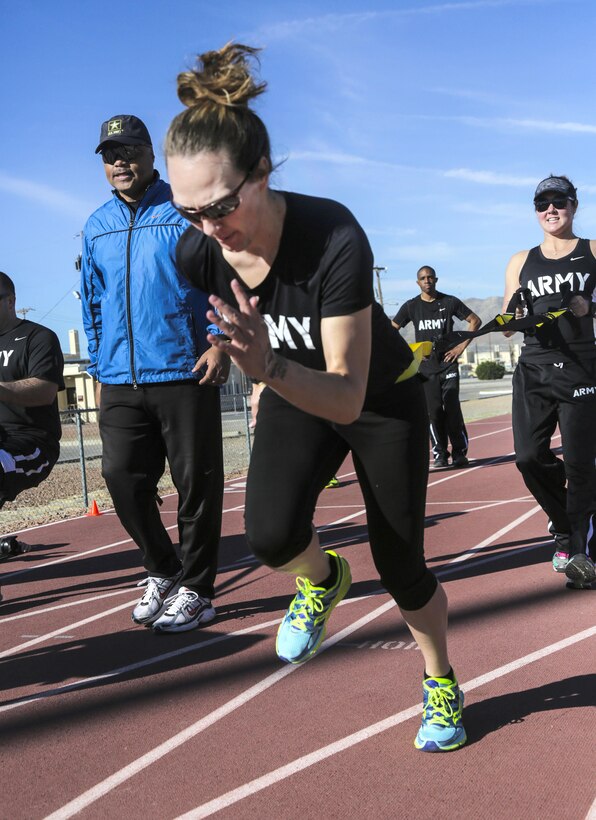 Retired Army Staff Sgt. Randi Gravell participates in pull drills during the Army Trials at Stout track on Fort Bliss, Texas., March 1, 2016. Army photo by Spc. Audrequez Evans