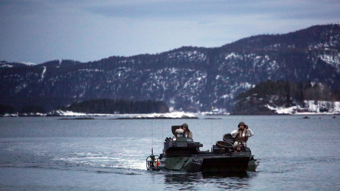 Marines with 2nd Assault Amphibian Battalion navigate a fjord in Namsos, Norway, March 3, 2016, during Exercise Cold Response 16. The landing reinforced the unit’s capabilities of operating in winter terrain and cold-weather environments. During Cold Response, 13 NATO allies and partner nations and about 15,000 troops enhance their skill sets and strengthen their bonds.