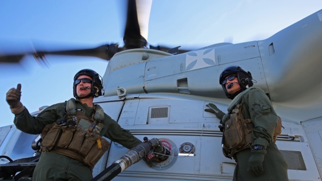 Staff Sgt. Samuel J. Galan Jr. and Lance Cpl. Gerald J. Demontmollin III refuel a UH-1Y Venom Feb. 24, 2016, at Marine Corps Base Camp Pendleton, Calif. Demontmollin and his squadron performed simulated assault and close air support training to maintain unit readiness. “We can shut the aircraft down and turn the engines off [and then fuel the aircraft]. That’s called cold refueling. What we did today was hot refueling. We can leave the aircraft running while we fuel, getting us ready to get back in the fight,” said 1st Lt. David W. Few, a UH-1Y Venom copilot with Marine Light Attack Helicopter Squadron 169, Marine Aircraft Group 39, 3rd Marine Air Wing. Galan, a native of Houston, Texas, is a crew chief with HMLA-169. Demontmollin, from Grass Valley is a crew chief with HMLA-169.