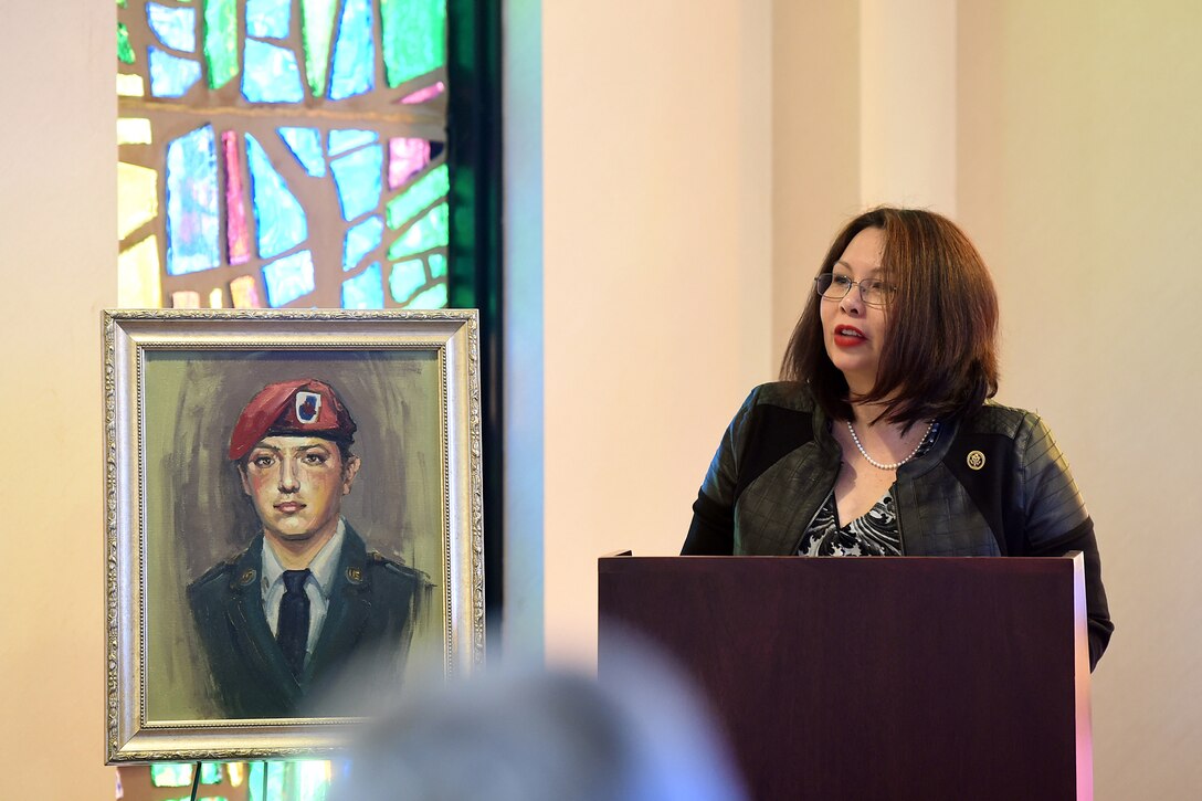 Illinois Congresswoman Tammy Duckworth gives remarks during the memorial service for Army Spc. Adriana Salem at the Memory Gardens cemetery in Arlington Heights, Ill., March 4, 2016. Sandra Salem, mother of Salem, held the memorial on the 11th anniversary of her daughter’s death. Attendees included Duckworth, former Illinois Gov. Patrick Quinn, Illinois Patriot Guard, and Army Reserve soldiers from the 85th Support Command and 85th Army Band. Salem, assigned to the 3rd Infantry Division, was killed in Remagen, Iraq, on March 4, 2005. (U.S. Army photo by Mr. Anthony L. Taylor/Released)