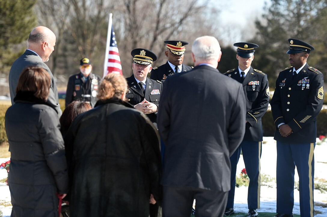 Army Reserve Chaplain (Col.) Joel Severson, center, 85th Support Command, gives an invocation during a memorial service for Army Spc. Adriana Salem at the Memory Gardens cemetery in Arlington Heights, Ill., March 4, 2016. Sandra Salem, mother of Salem, held the memorial on the 11th anniversary of her daughter’s death. Attendees included Congresswoman Tammy Duckworth, former Illinois Gov. Patrick Quinn, Illinois Patriot Guard, and Army Reserve soldiers from the 85th Support Command and 85th Army Band. Salem, assigned to the 3rd Infantry Division, was killed in Remagen, Iraq, on March 4, 2005. (U.S. Army photo by Mr. Anthony L. Taylor/Released)