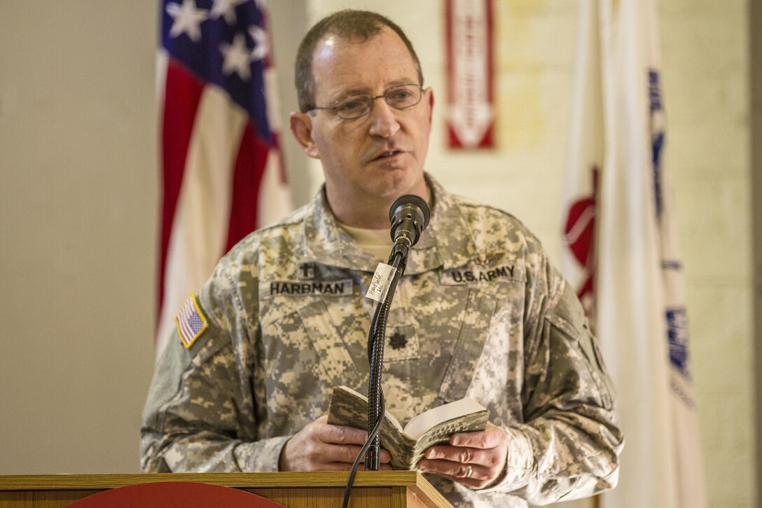 Lt. Col. Graham Harbman, chaplain, gives a sermon on what makes something "Good" admist something tragic during the worship service at the 311th Sustainment Command (Expeditionary) Battle Assembly March 6, 2016, Los Angeles.