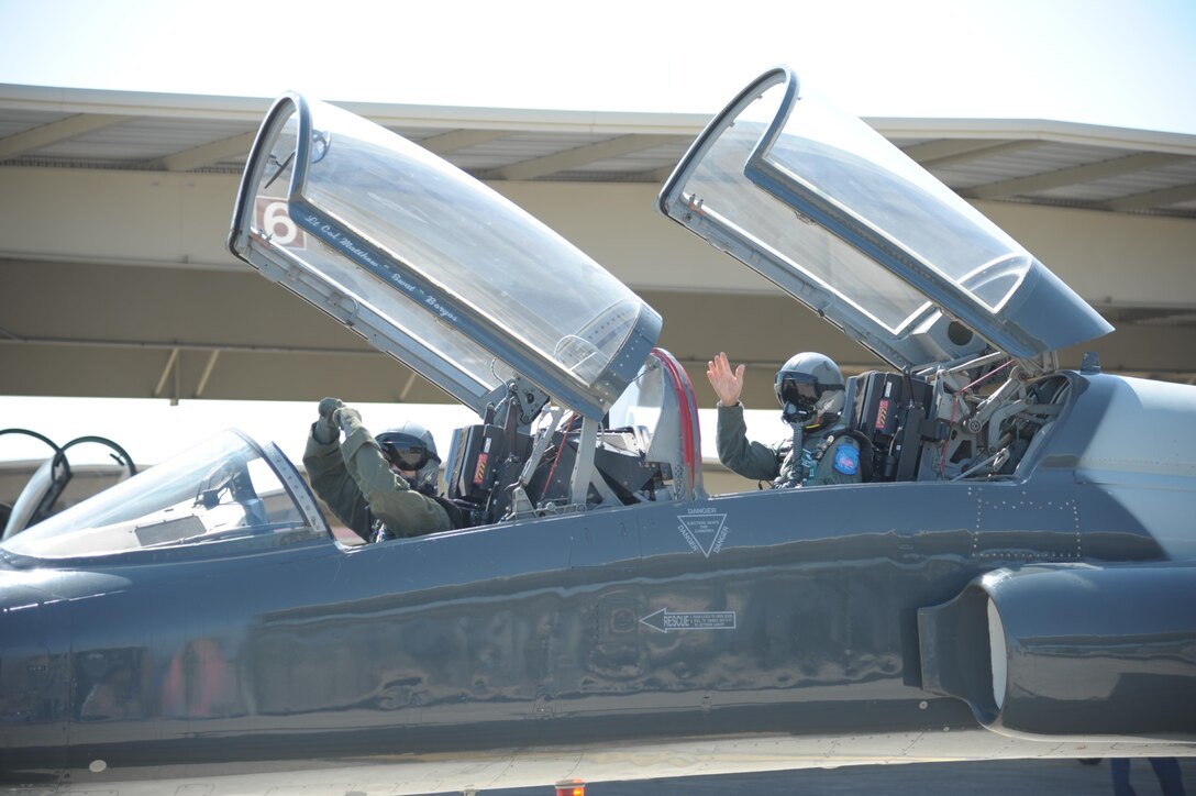 Lt. Col. Joel Deboer (left), 560th Flying Training Squadron commander, and former Air Force Capt. Paul Granger, a B-52 Stratofortress pilot who flew during the Vietnam War, taxi out to the runway during "Freedom Flight 196" at Joint Base San Antonio-Randolph, Texas March 3, 2016. The Freedom Flyer program was born in 1973 when the 560 FTS began retraining former prisoners of war to fly again in the Air Force.