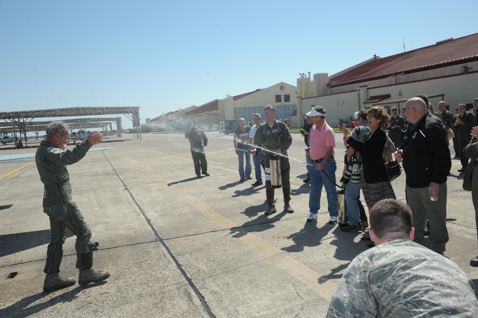 Paul Granger, a former B-52 Stratofortress pilot during the Vietnam War, is welcomed back after his "Freedom Flight" at Joint Base San Antonio-Randolph, Texas March 3, 2016. Granger was shot down while on a combat mission near Hanoi in North Vietnam on December 20, 1972, in support of Operation Linebacker II. 