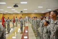 U.S. Army Reserve Soldiers with the 411th Engineer Brigade stand in formation during the 411th Engineer Brigade change of command between Col. Ralph Henning, outgoing commander, and Col. Matthew Warne, incoming commander, in New Windsor, N.Y., March 5. (U.S. Army photo by Spc. Nathan Fanton)