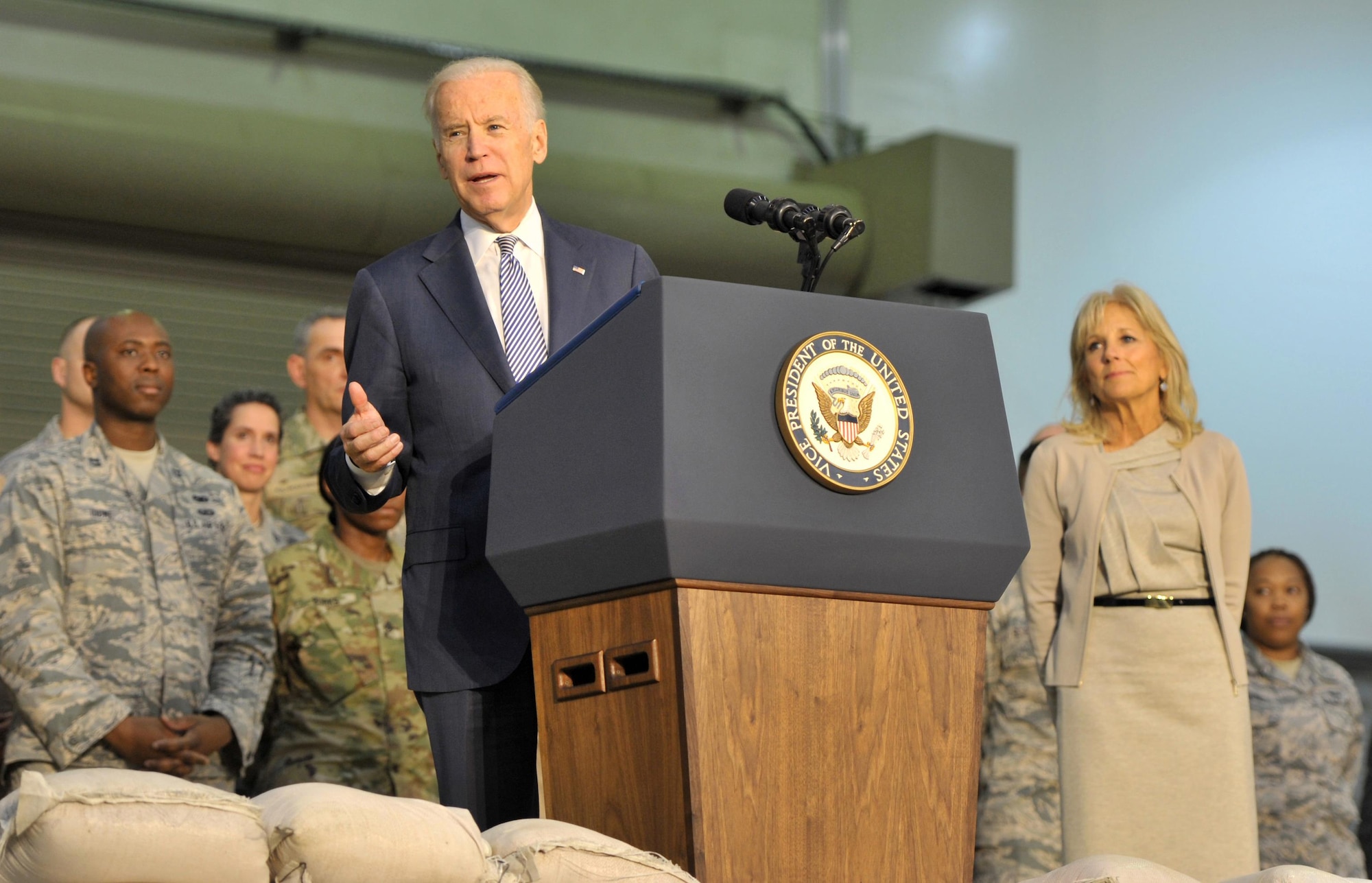 Vice President Joe Biden speaks with U.S. and coalition personnel during a visit to an undisclosed location in Southwest Asia, March 7, 2016. Biden’s visit is part of his tour of the Mideast, which began March 7, 2016. (U.S. Air Force photo by Staff Sgt. Kentavist P. Brackin/released)