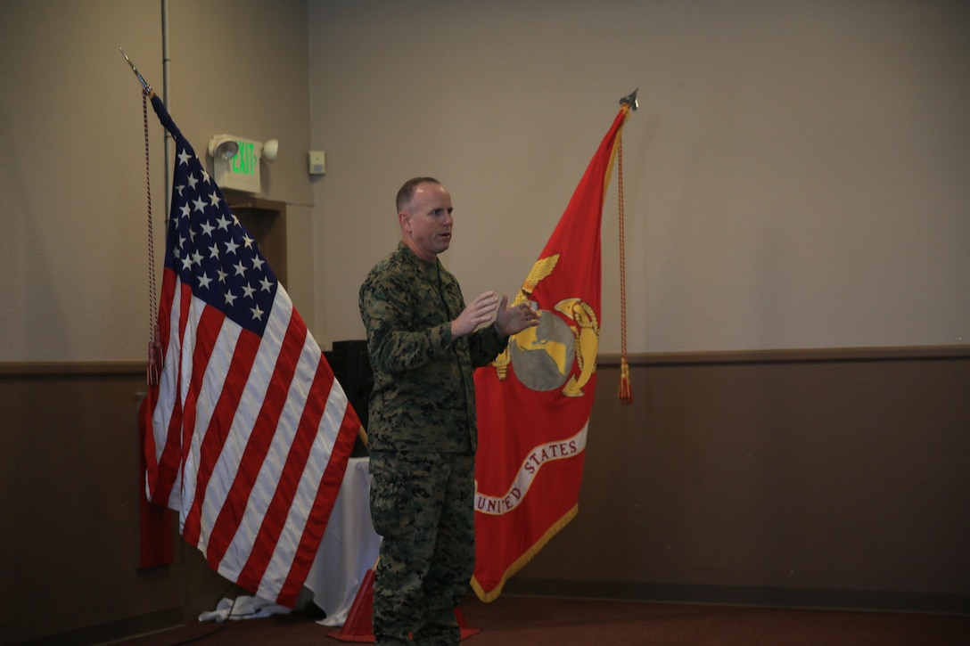 Colonel James F. Harp. Combat Center Chief of Staff, talks to Combat Center leadership about the importance of suicide prevention within their respective units during the 2016 Suicide Prevention Symposium held at the Officers Club, Feb. 24, 2016. Leadership from Marine Air Ground Task Force Training Command and Combat Center tenant commands came together to discuss Suicide prevention in their respective units. (Official Marine Corps Photo by Cpl. Julio McGraw/ Released)