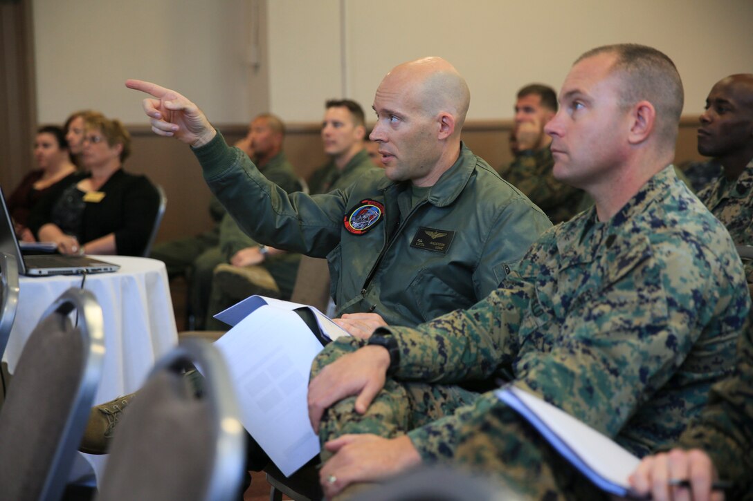 Lt. Col. Kain C. Anderson, commanding officer, Marine Unmanned Aerial Vehicle Squadron 1, asks a question during the 2016 Suicide Prevention Symposium held at the Officers Club, Feb. 24, 2016. The two-hour symposium dove into the analytics of suicide in the military and informed the leaders on the resources available to them and what they can do within their respective units to prevent it. (Official Marine Corps Photo by Cpl. Julio McGraw/ Released)