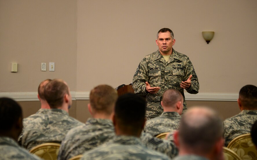 Chief Master Sgt. Tommy Mazzone, 2nd Bomb Wing command chief, answers questions from Team 5/6 members at Barksdale Air Force Base, La., March 2, 2016. Mazzone clarified for NCOs the Air Force's position on new EPRs, promotion boards, rating subordinates and how Airmen can be expected to be rated against each other. (U.S. Air Force photo/Senior Airman Benjamin Raughton)