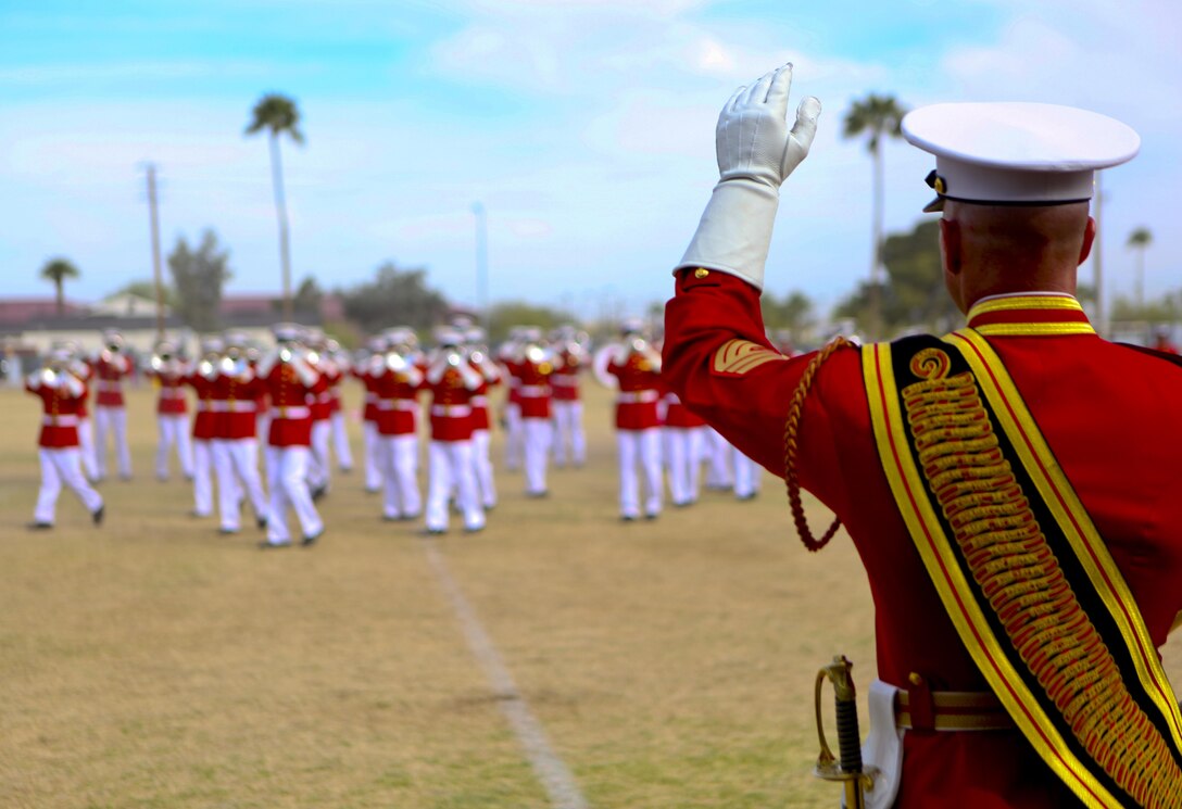 U.S. Marine Drum and Bugle Corps performs during the annual Battle Colors Ceremony aboard Marine Corps Air Station Yuma, Ariz., March 3, 2016. (U.S. Marine Corps photo by Cpl. Scott Roguska/Released)