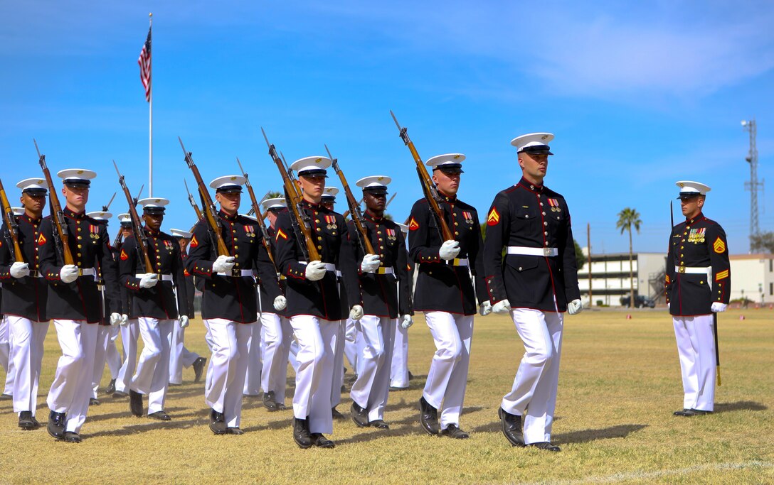 U.S. Marine Silent Drill Platoon performs during the annual Battle Colors Ceremony aboard Marine Corps Air Station Yuma, Ariz., March 3, 2016. (U.S. Marine Corps photo by Cpl. Scott Roguska/ Released)