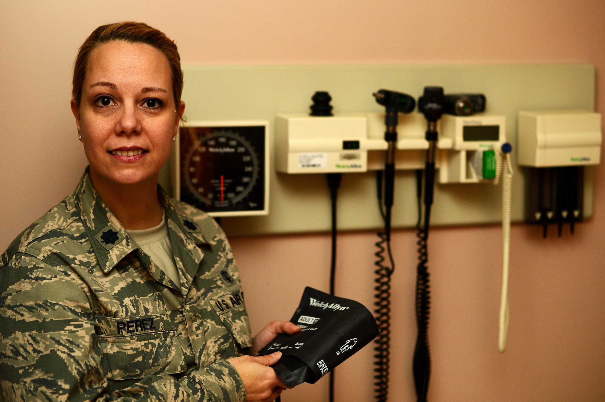 U.S. Air Force Lt. Col. Heather Perez, 20th Medical Group chief nurse holds a sphygmomanometer at Shaw Air Force Base, S.C., Feb.12, 2016. Perez was the recipient of the Air Force Medical Services Outstanding Excellence in Nursing Leadership Award. Perez is responsible for ensuring nursing standards of care and practice are upheld by all nurses and medical technicians, as well as being an advisor to the 20th MDG commander, executive committee and staff agencies concerning nursing policies, plans, and programs. (U.S. Air Force photo by Senior Airman Jonathan Bass)
