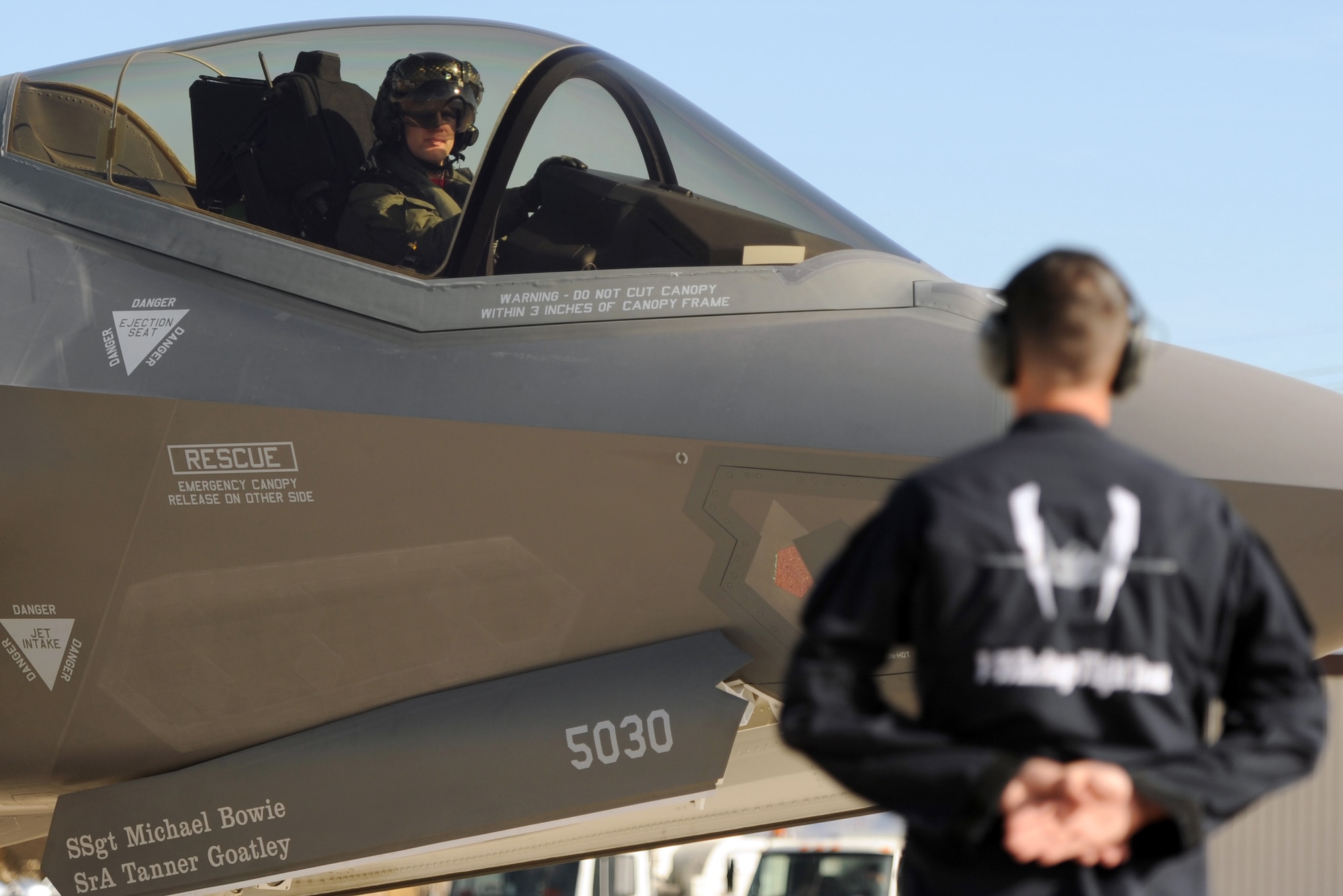 Maj. William Andreotta, F-35 heritage flight team pilot, prepares for take-off during the Heritage Flight Conference at Davis Monthan Air Force Base in Tucson, Ariz., March 4-6, 2016. The  F-35 heritage flight team from Luke Air Force Base, Ariz. is the first F-35 team to participate in the Heritage Flight Program. The program features modern USAF fighter aircraft flying alongside World War II, Korean and Vietnam era aircraft in a dynamic display of our nation's air power history. (U.S. Air Force photo by Staff Sgt. Staci Miller)
