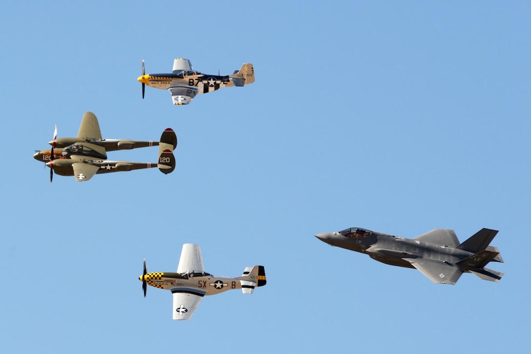 Members of the first ever F-35 Lightning II heritage flight team from Luke Air Force Base, Ariz. participate in the Heritage Flight Conference at Davis Monthan Air Force Base in Tucson, Ariz., March 4-6, 2016. The heritage flight program features modern USAF fighter aircraft flying alongside World War II, Korean and Vietnam era aircraft in a dynamic display of our nation's air power history. (U.S. Air Force photo by Staff Sgt. Staci Miller)