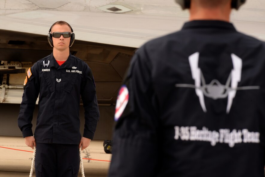 Staff Sgt. Nikolas Kinder, F-35 Lightning heritage flight crew chief, participates in the Heritage Flight Conference at Davis Monthan Air Force Base in Tucson, Ariz., March 4-6, 2016. The  F-35 heritage flight team from Luke Air Force Base, Ariz. is the first F-35 team to participate in the Heritage Flight Program. The program features modern USAF fighter aircraft flying alongside World War II, Korean and Vietnam era aircraft in a dynamic display of our nation's air power history. (U.S. Air Force photo by Staff Sgt. Staci Miller)
