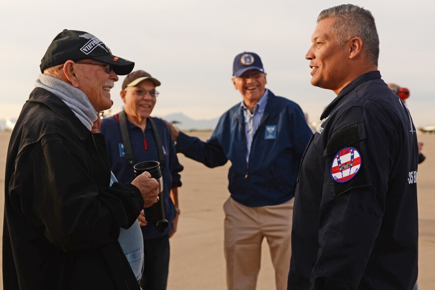 Members of the first ever F-35 Lightning II heritage flight team from Luke Air Force Base, Ariz. participate in the Heritage Flight Conference at Davis Monthan Air Force Base in Tucson, Ariz., March 4-6, 2016. The heritage flight program features modern USAF fighter aircraft flying alongside World War II, Korean and Vietnam era aircraft in a dynamic display of our nation's air power history. (U.S. Air Force photo by Staff Sgt. Staci Miller)