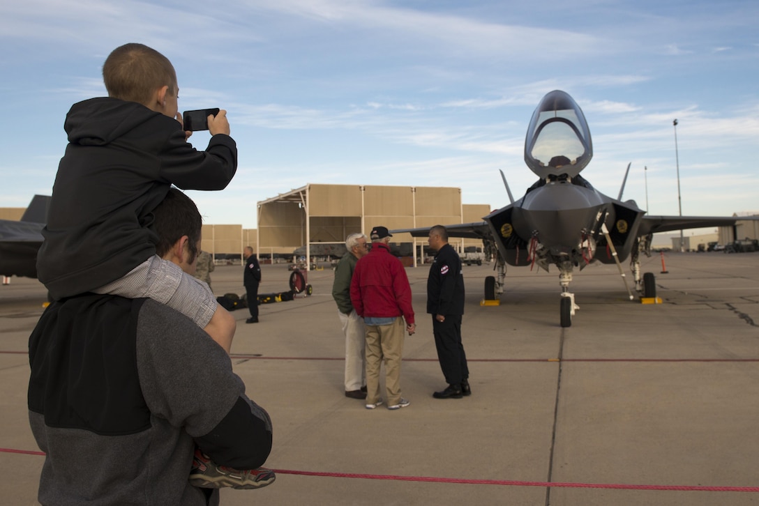 Members of the first ever F-35 Lightning II heritage flight team from Luke Air Force Base, Ariz. participate in the Heritage Flight Conference at Davis Monthan Air Force Base in Tucson, Ariz., March 4-6, 2016. The heritage flight program features modern USAF fighter aircraft flying alongside World War II, Korean and Vietnam era aircraft in a dynamic display of our nation's air power history. (U.S. Air Force photo by Staff Sgt. Staci Miller)