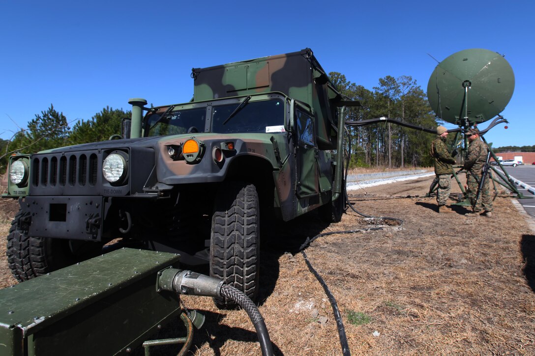 Marines with Company B, Marine Wing Communications Squadron 28 inspect an AN/TRC-170 during a communications field exercise at Marine Corps Air Station Cherry Point, N.C., March 3, 2016. The MWCS-28 incorporates numerous systems ranging from single-channel radios to systems with an emphasis on interoperability and beyond line-of-sight communications for a broad spectrum of information services. During the exercise, Bravo Company provided their own Tactical Air Operations Center, Tactical Air Command Center and simulated unmanned aerial vehicle squadron requests, giving the Marines a broader understanding on what roles requesting agencies play during operations within a communications squadron. (U.S. Marine Corps photo by Pfc. Nicholas P. Baird/Released)