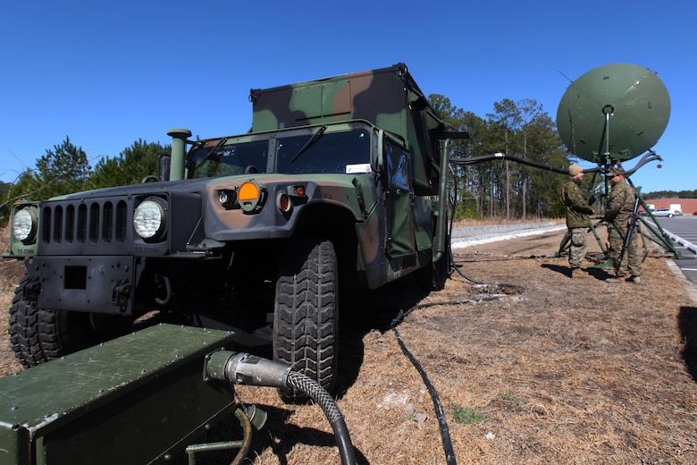 Marines with Company B, Marine Wing Communications Squadron 28 inspect an AN/TRC-170 during a communications field exercise at Marine Corps Air Station Cherry Point, N.C., March 3, 2016. The MWCS-28 incorporates numerous systems ranging from single-channel radios to systems with an emphasis on interoperability and beyond line-of-sight communications for a broad spectrum of information services. During the exercise, Bravo Company provided their own Tactical Air Operations Center, Tactical Air Command Center and simulated unmanned aerial vehicle squadron requests, giving the Marines a broader understanding on what roles requesting agencies play during operations within a communications squadron. (U.S. Marine Corps photo by Pfc. Nicholas P. Baird/Released)