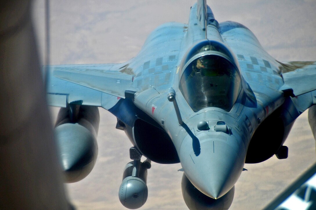 A French Dassault Rafale fighter aircraft flies toward a KC-135 Stratotanker aircraft during a refueling mission in support of Operation Juniper Micron over North Africa, Feb. 26, 2016. Air Force photo by Senior Airman Erin Trower