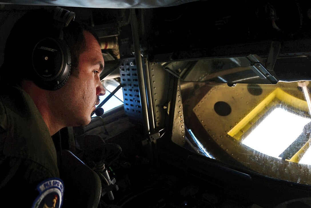 Air Force Senior Airman Bryan Flory prepares for a refueling mission in support of Operation Juniper Micron over North Africa, Feb. 26, 2016. Flory is a boom operator assigned to the 351st Expeditionary Air Refueling Squadron. Air Force photo by Senior Airman Erin Trower