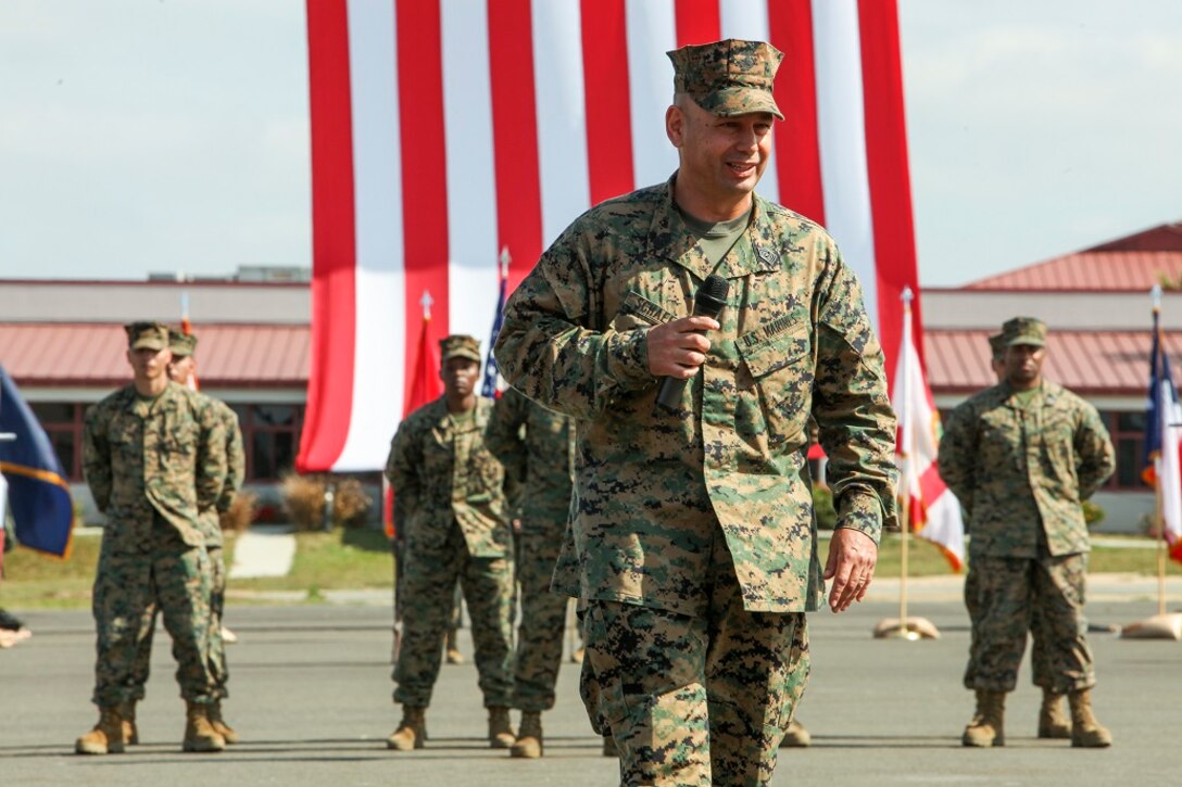 U.S. Marine Sgt. Maj. Douglas B. Schaefer, outgoing Sgt. Maj. of the 15th Marine Expeditionary Unit, speaks during a relief and appointment ceremony aboard Camp Pendleton, Calif., Mar. 4, 2016. The 15th MEU's relief and appointment ceremony signifies the passing of responsibility from Sgt. Maj. Schaefer to Sgt. Maj. Dennis K. Campbell. (U.S. Marine Corps photo by Sgt. Jamean R. Berry/Released)