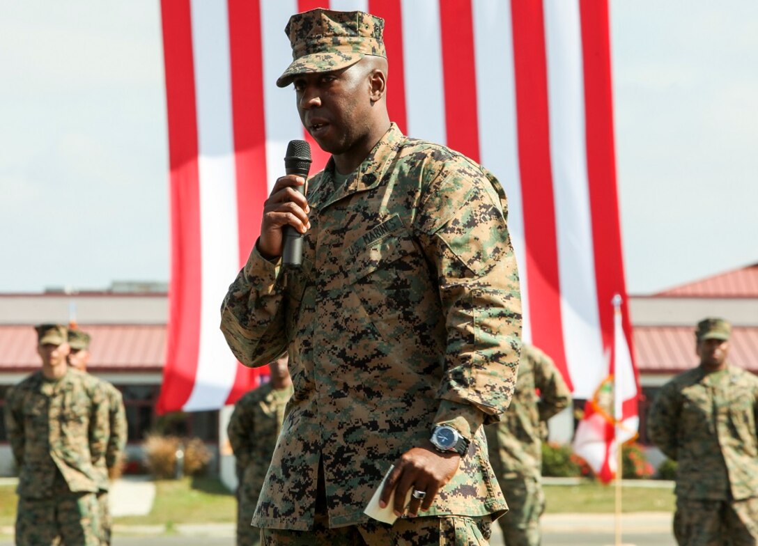 U.S. Marine Sgt. Maj. Dennis K. Campbell, incoming Sgt. Maj. of the 15th Marine Expeditionary Unit, speaks during a relief and appointment ceremony aboard Camp Pendleton, Calif., Mar. 4, 2016. The 15th MEU's relief and appointment ceremony signifies the passing of responsibility from Sgt. Maj. Douglas B. Schaefer to Sgt. Maj. Dennis K. Campbell. (U.S. Marine Corps photo by Sgt. Jamean R. Berry/Released)