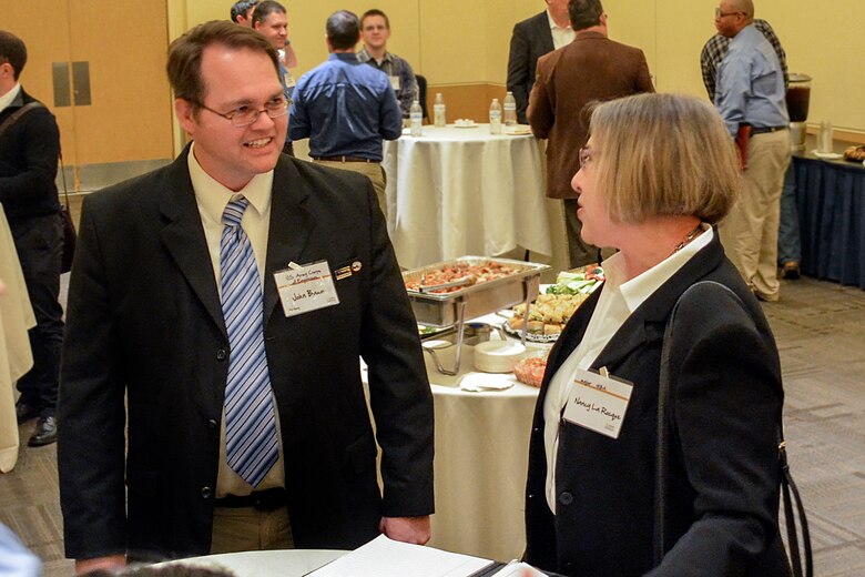 J.J. Baum, chief of environmental engineering for the U.S. Army Corps of Engineers Sacramento District, speaks to Nancy La Rocque, a former lieutenant commander in the U.S. Navy, about the federal government’s process of developing a competitive resume on Mar. 3, in Davis, California. The Corps was among 20 agencies attending the 2016 Veteran’s Networking Event put on by the UC Davis Internship and Career Center to give prior-military students information about employment and resume advice. (U.S. Army photos by Randy Gon / Released)