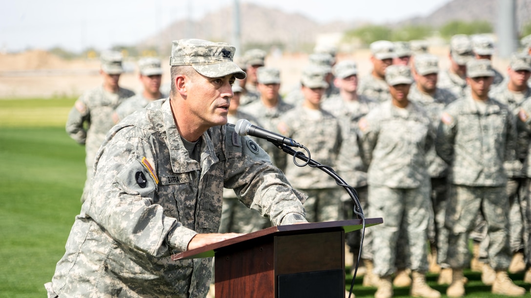 Col. Christopher Barra, Commander, 653rd Regional Support Group, thanks Soldiers and families at the mobilization ceremony for the 336th Combat Sustainment Support Battalion, March 5, 2016, Buckeye, Ariz. The 336th CSSB provides expert logistics support for the fight to degrade and defeat the Islamic State of Iraq and the Levant, or ISIL. With 65 percent of the Army’s logistics capability, the fight is dependent upon the Army Reserve.