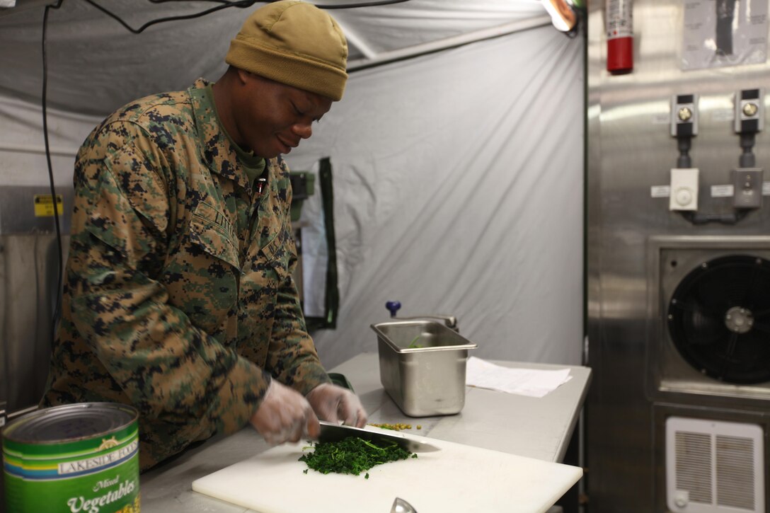 Cpl. Tyrone Little chops cilantro in a field expedient kitchen at Marine Corps Air Station Cherry Point, N.C., Jan. 20, 2016. Food service specialists with Marine Wing Support Squadron 274 compete for the Maj. Gen. William Pendleton Thompson Hill Food Service Award. In a field-like environment, the Marines set up a field expedient kitchen and cooked various entrées in hopes of winning the title of Best Field Mess Award. The Marines were inspected on sanitation, preparation and meal production. Little is a food service specialist with MWSS-274. (U.S. Marine Corps photo by Cpl. Unique Roberts/ Released)
