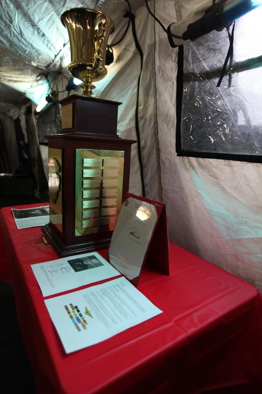Photographed is the trophy for the Maj. Gen. William Pendleton Thompson Hill Food Service competition at Marine Corps Air Station Cherry Point, N.C., Jan. 20, 2016. Food service specialists with Marine Wing Support Squadron 274 compete for the Maj. Gen. W. P. T. Hill Food Service Award with hopes of winning the award for a second year. In a field-like environment, the Marines set up the field expedient kitchen and cooked various entrées in hopes of winning the title of Best Field Mess award. The Marines were inspected on sanitation, preparation and meal production. (U.S. Marine Corps photo by Cpl. Unique Roberts/ Released)