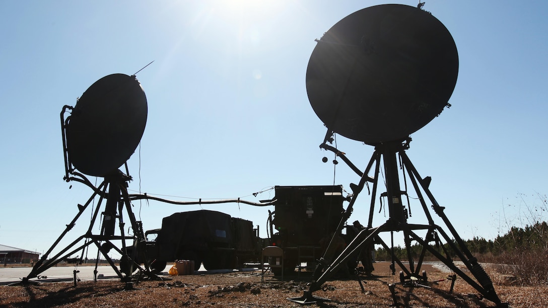 AN/TRC-170 tropospheric scatter systems are utilized during a communications field exercise with Company B, Marine Wing Communications Squadron 28 at Marine Corps Air Station Cherry Point, N.C., March 3, 2016. The MWCS-28 incorporates numerous systems ranging from single-channel radios to systems with an emphasis on interoperability and beyond line-of-sight communications for a broad spectrum of information services. During the exercise, Bravo Company provided their own Tactical Air Operations Center, Tactical Air Command Center and simulated unmanned aerial vehicle squadron requests, giving the Marines a broader understanding on what roles requesting agencies play during operations within a communications squadron.