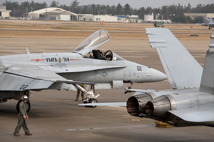 Marine Fighter Attack Squadron(VMFA) 314, forward based to Marine Corps Air Station Iwakuni, Japan, arrive at Komatsu Air Base, Japan, for the Komatsu Aviation Training Relocation exercise March 7, 2016. The ATR program, established in 2007, is in place as a result of the Defense Policy Review Initiative to increase the operational readiness of U.S. and Japanese forces, enhance bilateral interoperability and reduce local noise pollution. 