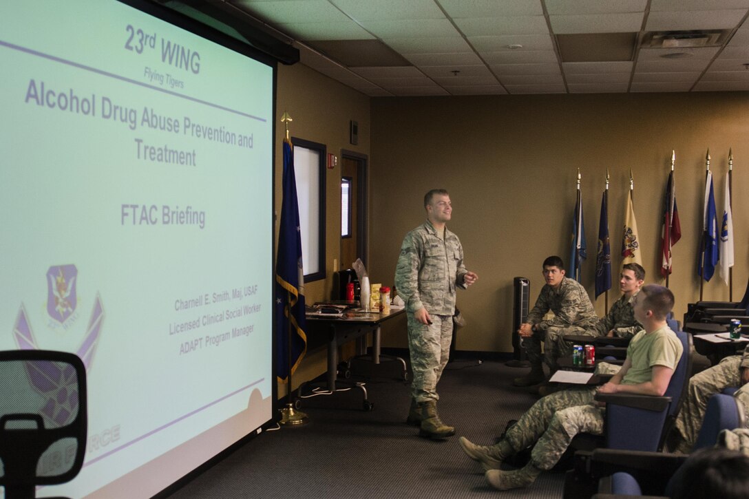 U.S. Air Force Senior Airman Jordan Sager,23d Medical Operations Squadron mental health technician, begins an alcohol drug abuse prevention and treatment briefing, Feb. 11, 2016, at Moody Air Force Base, Ga. ADAPT is a program designed to educate, prevent and treat substance abuse throughout the Air Force. (U.S. Air Force photo by Airman Daniel Snider/Released)