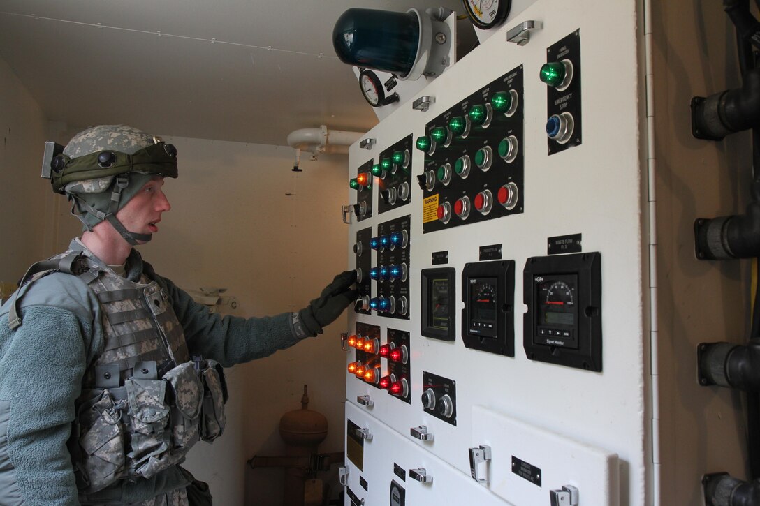 U.S. Army Spc. Ryan Canfield of the 301st Quartermaster Company (QM Company) operates a Reverse Osmosis Water Purification Unit (ROWPU) at the Brindle Lake training area on Joint Base McGuire-Dix-Lakehurst, N.J., March 6, 2016. Canfield along with Soldiers of the 301st QM Company use the ROWPU to provide potable water to Soldiers training during Combat Support Training Exercise 78-16-01.