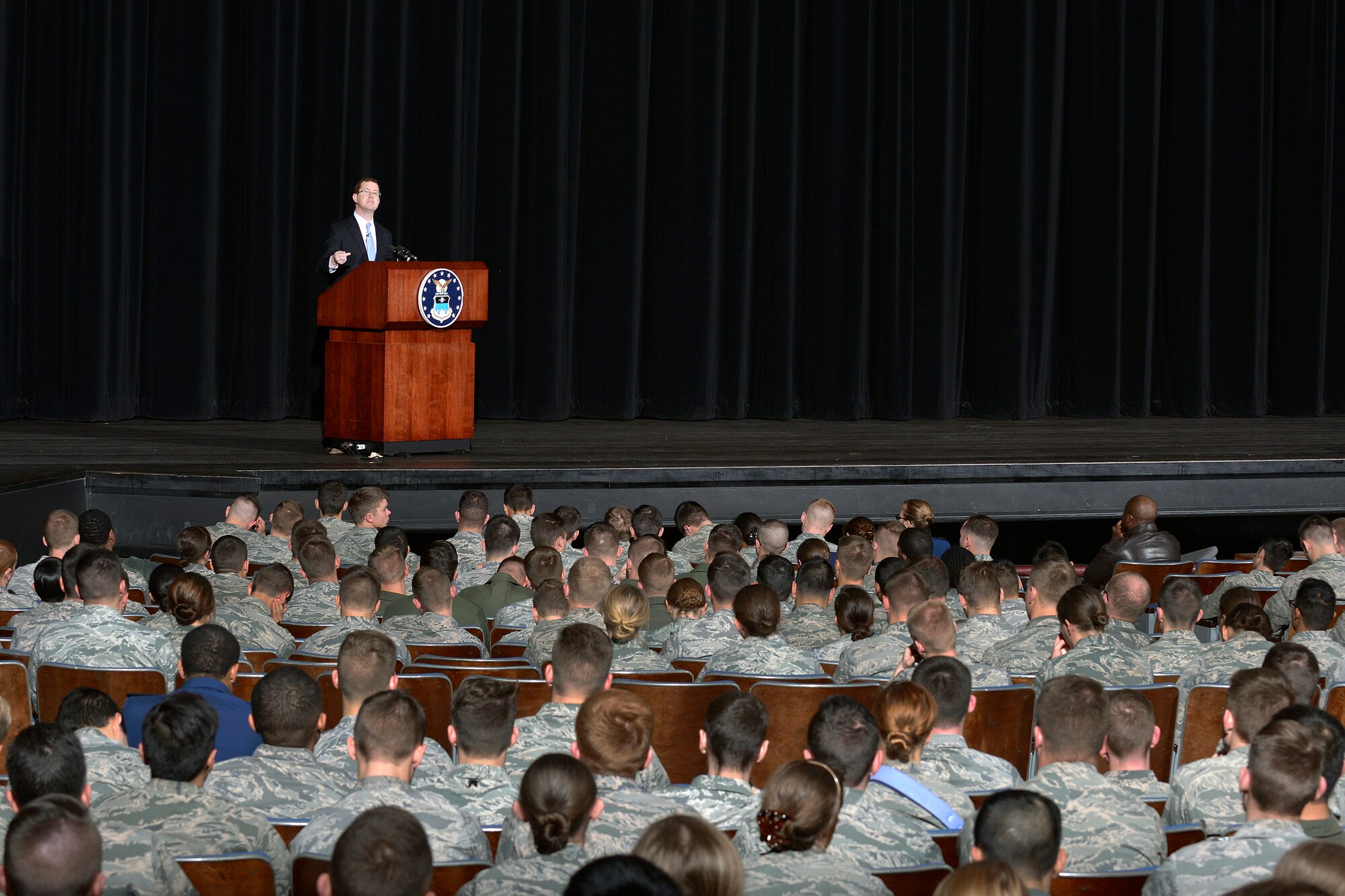 Stuart Delery, the United State's acting associate attorney general, speaks to cadets at the U.S. Air Force Academy March 5, 2016. Delery visited the Academy to talk about the Service Members and Veterans Initiative, a legal support and protection network for service members, veterans and their families. (U.S. Air Force photo/Jason Gutierrez) 