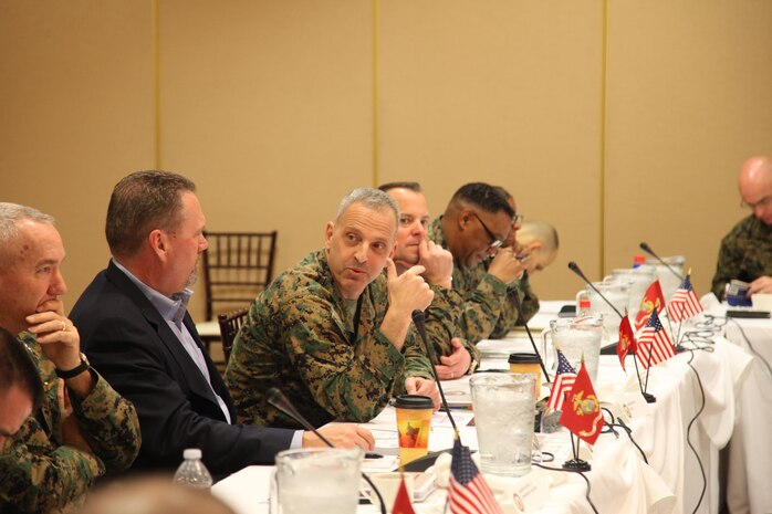 U.S. Marine Corps Lt. Gen. Michael G. Dana, Deputy Commandant, Installations and Logistics, gives opening remarks at the Installations and Logistics board brief at the Pacific Views Event Center on Camp Pendleton, Calif., March 2, 2016. The Installations and Logistics Board provides a service level to address installations and logistics matters that affect the United States Marine Corps. (U.S. Marine Corps photo by Cpl. Tyler S. Dietrich, MCIWEST-MCB CamPen Combat Camera/Released)