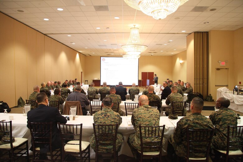 U.S. Marines with Marine Corps Installations Command, attend a Installations and Logistics board brief at the Pacific Views Event Center on Camp Pendleton, Calif., March 2, 2016. The Installations and Logistics Board provides a service level to address installations and logistics matters that affect the United States Marine Corps. (U.S. Marine Corps photo by Cpl. Tyler S. Dietrich, MCIWEST-MCB CamPen Combat Camera/Released)