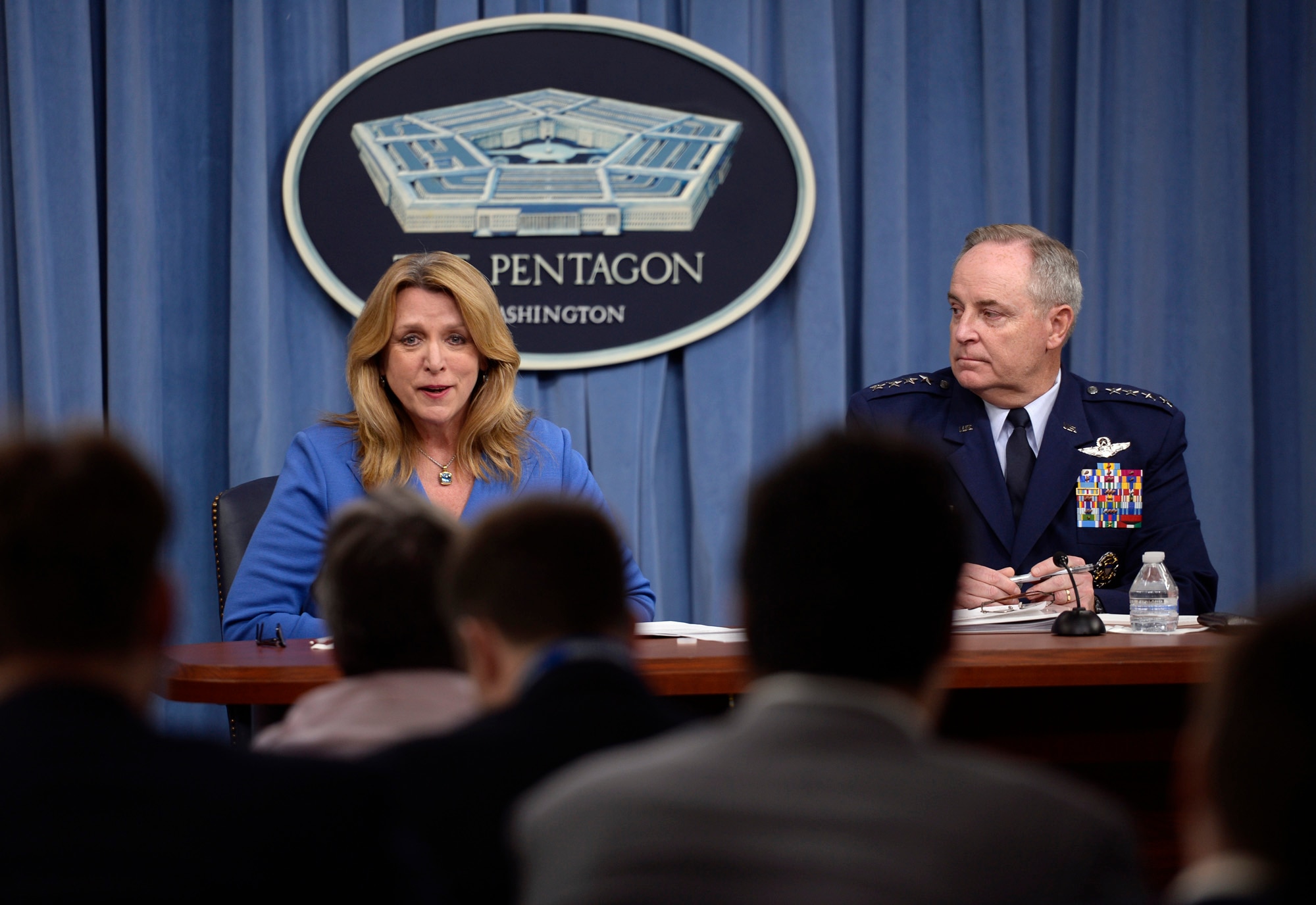 Secretary of the Air Force Deborah Lee James and Air Force Chief of Staff Gen. Mark A. Welsh III give a press conference on the "State of the Air Force" in the Pentagon March 7, 2016. (U.S. Air Force photo/Scott M. Ash)