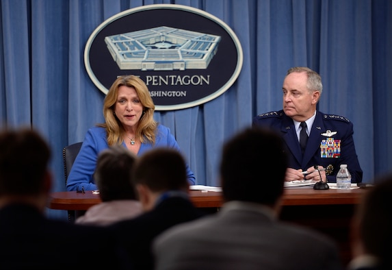 Secretary of the Air Force Deborah Lee James and Air Force Chief of Staff Gen. Mark A. Welsh III give a press conference on the "State of the Air Force" in the Pentagon March 7, 2016. (U.S. Air Force photo/Scott M. Ash)