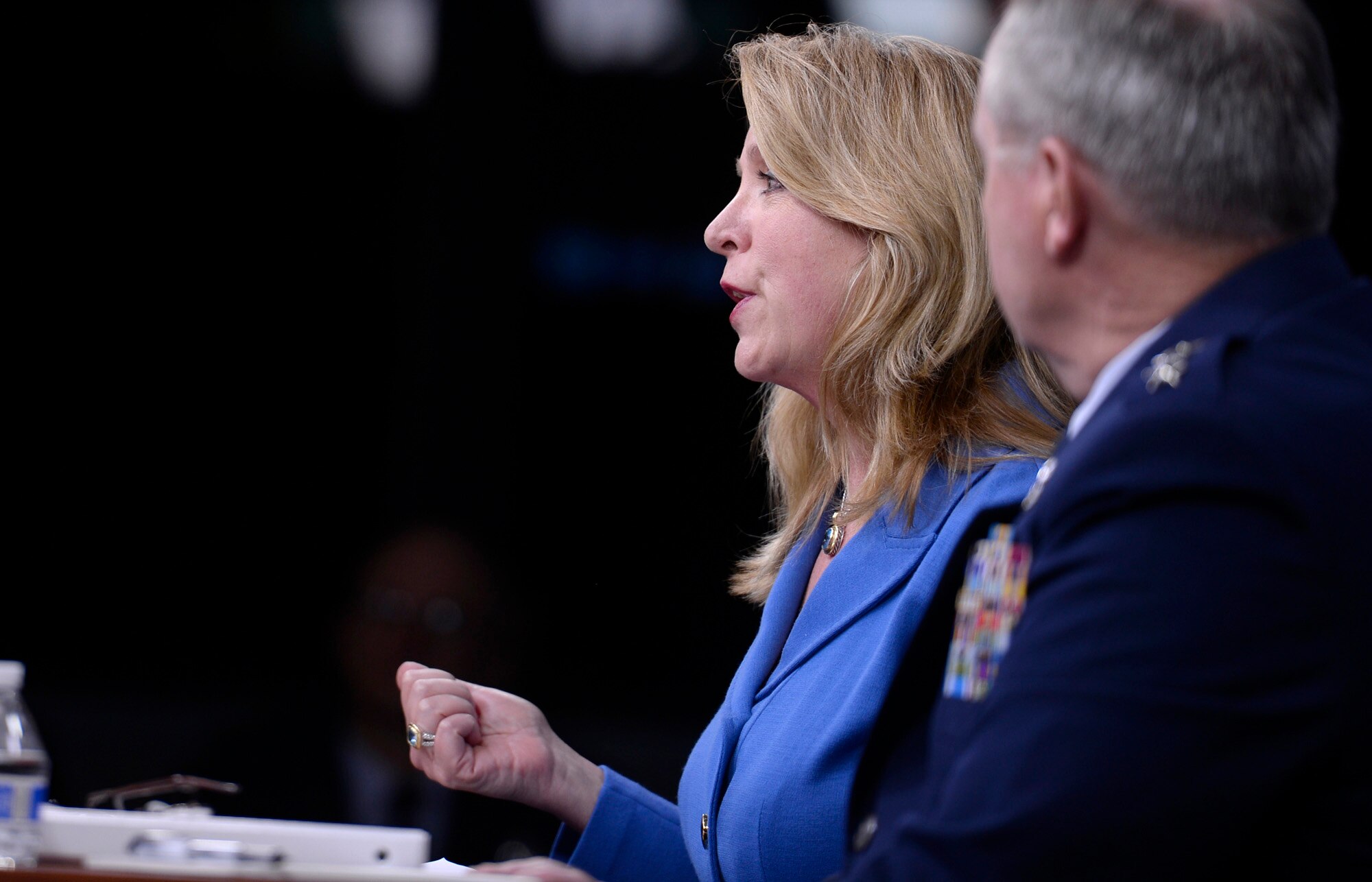 Secretary of the Air Force Deborah Lee James and Air Force Chief of Staff Gen. Mark A. Welsh III give a press conference on the "State of the Air Force" in the Pentagon March 7, 2016. (U.S. Air Force photo/Scott M. Ash)